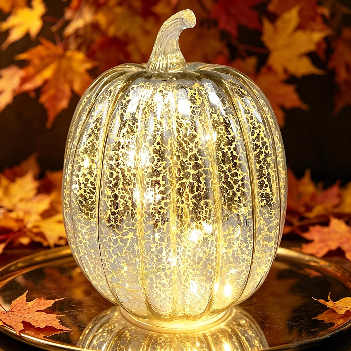 Fall Decorations for Home,Mercury Glass Pumpkin Lights with Timer(Blue) | lighted Pumpkins Starry Night Pumpkins Autumn for Halloween Fall Thanksgiving Home office Table Porch Decor or Gifts