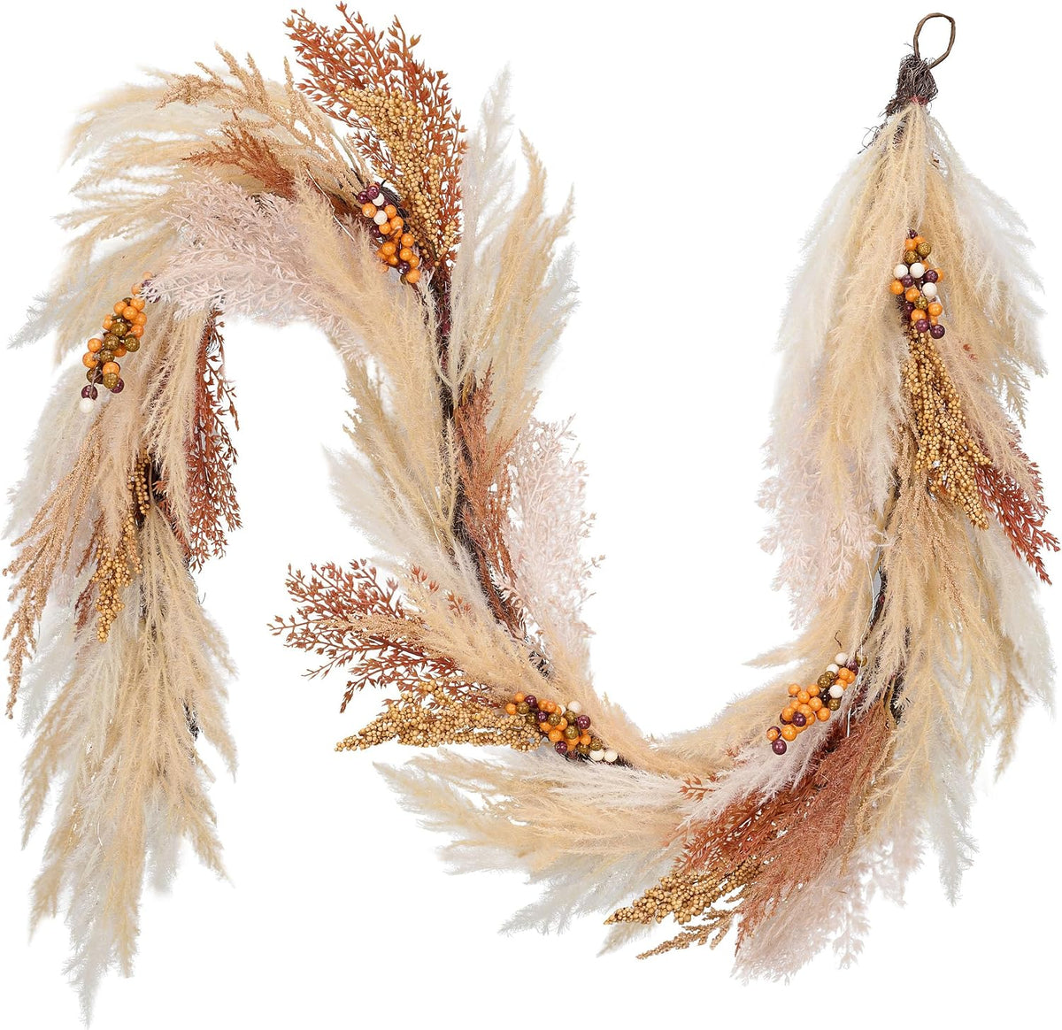 DecorbyHannah 6ft Neutral Fall Pampas Grass Garland for Mantle with Lights | Pre-Lit Light Up Artificial Faux Thanksgiving Garland with Pine Branch Berry for Stair Indoor Home Table Fireplace Decoration