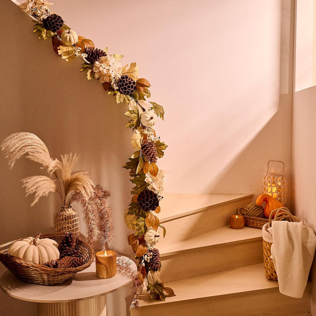 DecorbyHannah 6ft Fall Garland for Mantle with Lights &Pumpkin Maple Leaves | Pre-Lit Harvest Autumn Thanksgiving Pinecone Lotus Lighted Garland Fall Decorations for Home Front Door Table Porch Outdoor