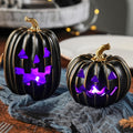 FESTGLOX Light Up Black Jack O Lantern Pumpkins for Indoor Halloween Decor | 2Pcs Resin Halloween Pumpkins with Gold Lines, Small LED Pumpkins with Purple Light for Spooky Table Decor (Battery Operated)