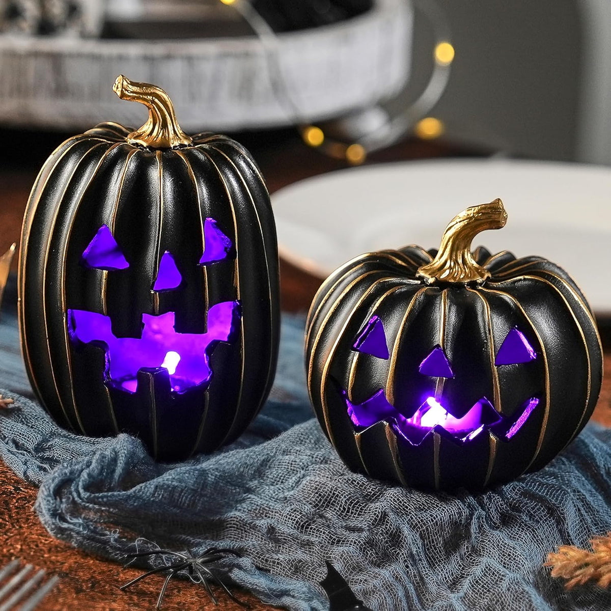 FESTGLOX Light Up Black Jack O Lantern Pumpkins for Indoor Halloween Decor | 2Pcs Resin Halloween Pumpkins with Gold Lines, Small LED Pumpkins with Purple Light for Spooky Table Decor (Battery Operated)