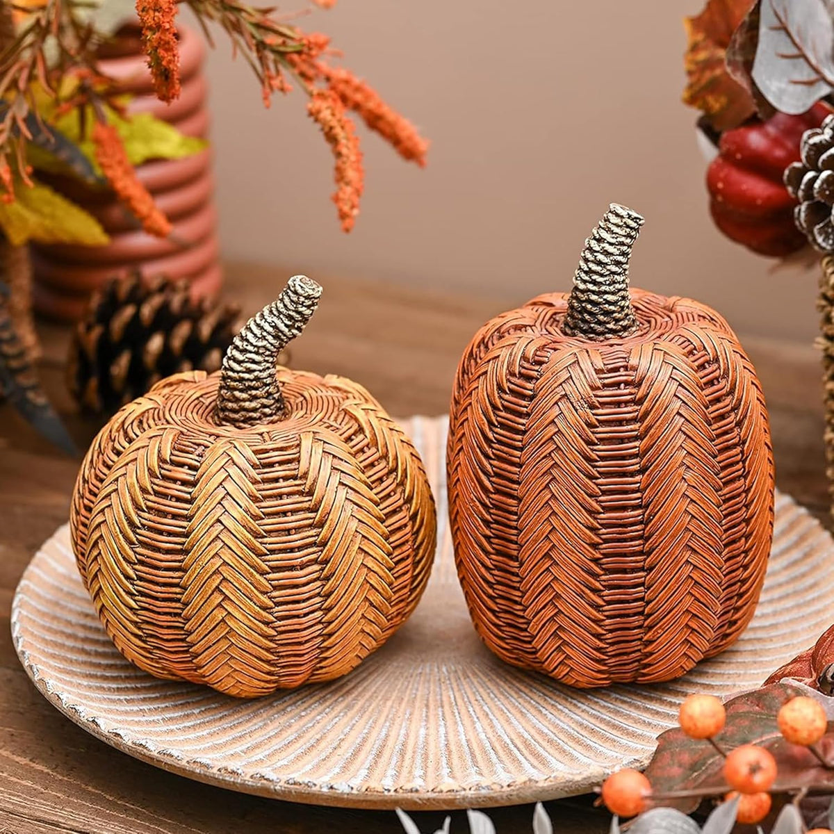 Valery Madelyn Thanksgiving Fall Decoration for Home Pumpkin Decor, 2pcs Resin Statue Artificial Rattan Pumpkins Figurine, Autumn Harvest Halloween Table Centerpieces, 6.2 inch