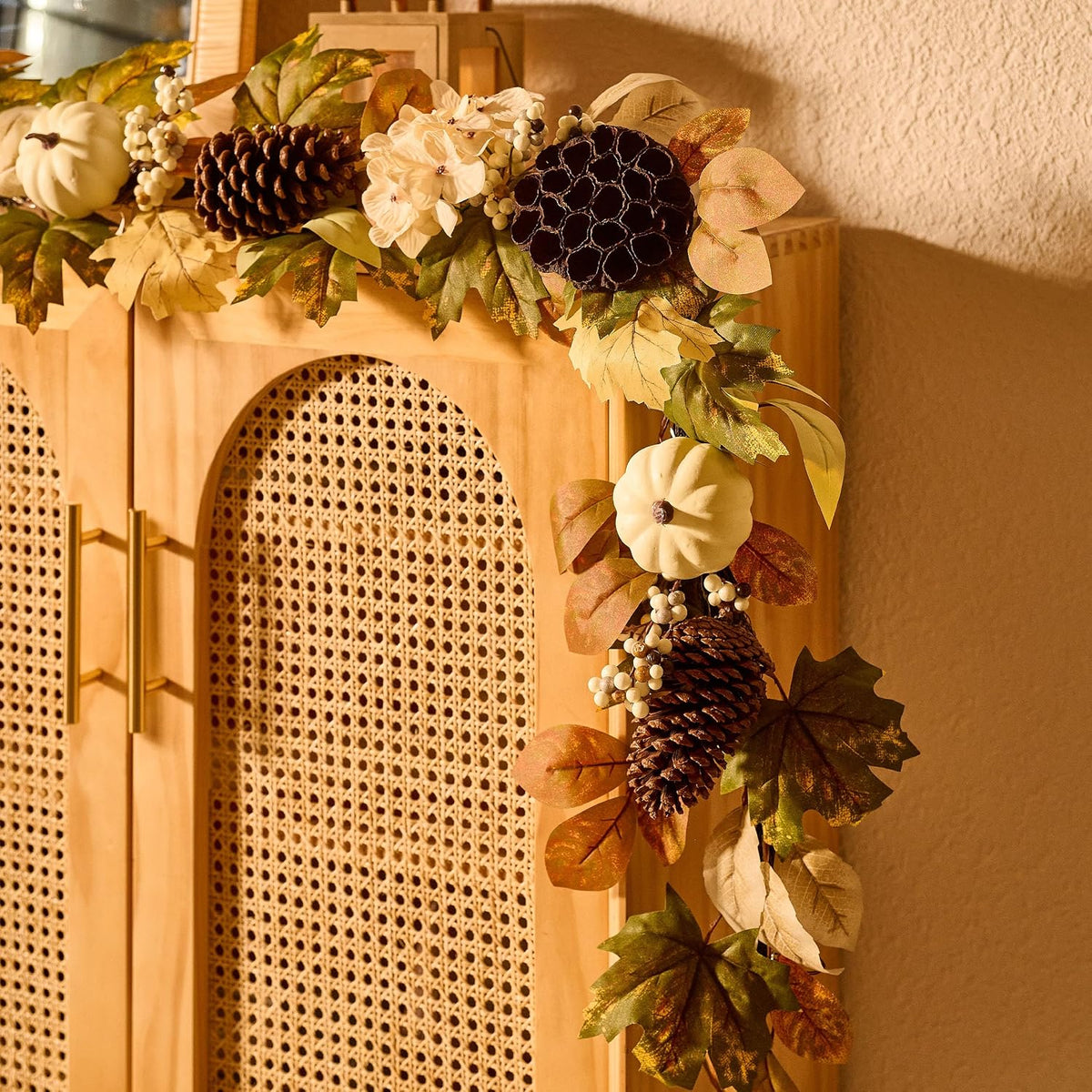 DecorbyHannah 6ft Fall Garland for Mantle with Lights &Pumpkin Maple Leaves | Pre-Lit Harvest Autumn Thanksgiving Pinecone Lotus Lighted Garland Fall Decorations for Home Front Door Table Porch Outdoor