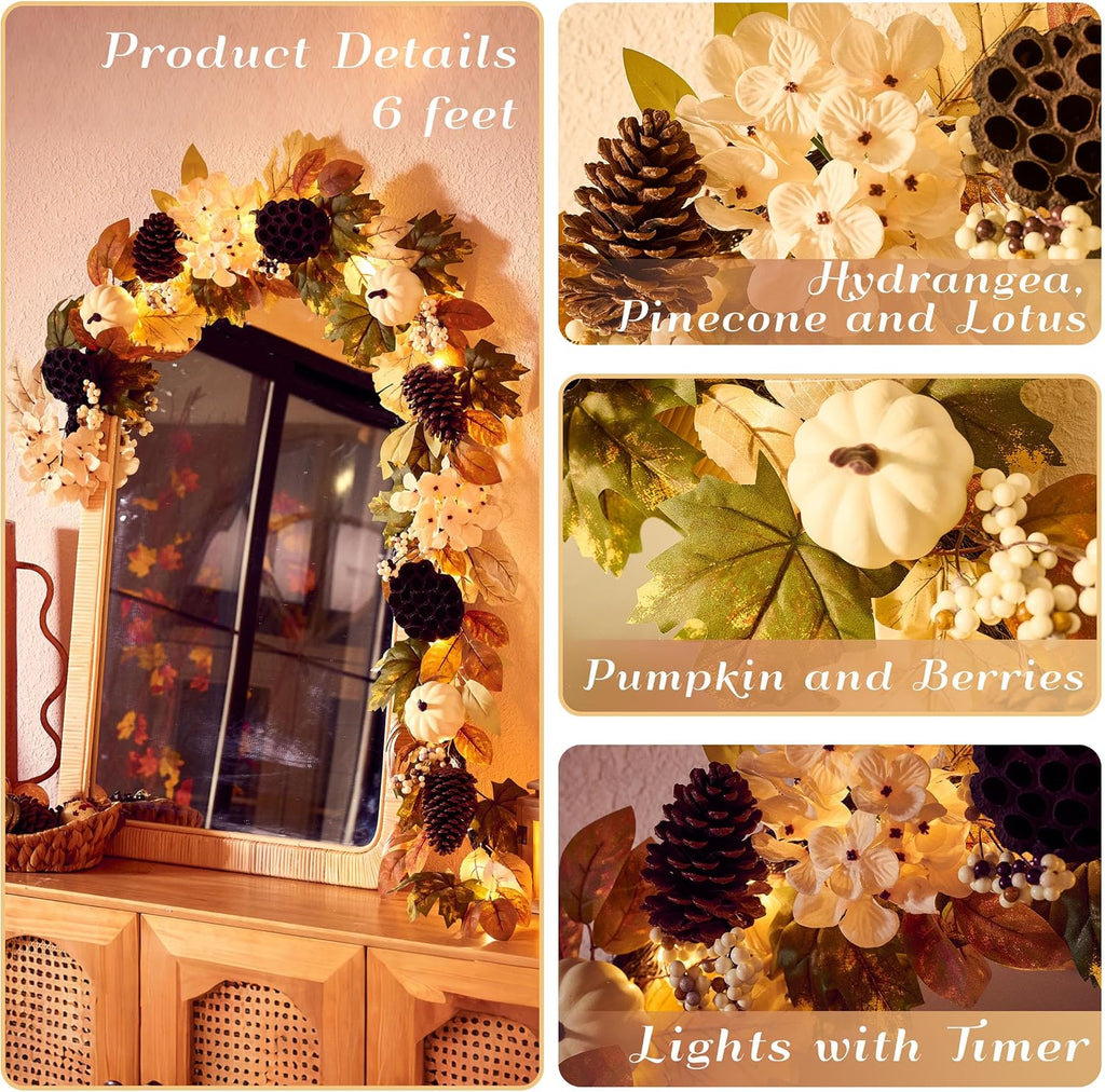 DecorbyHannah 6ft Fall Garland for Mantle with Lights &Pumpkin Maple Leaves | Pre-Lit Harvest Autumn Thanksgiving Pinecone Lotus Lighted Garland Fall Decorations for Home Front Door Table Porch Outdoor