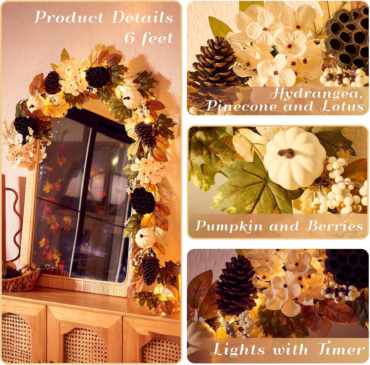 DecorbyHannah 6ft Fall Garland for Mantle with Lights &Pumpkin Maple Leaves | Pre-Lit Harvest Autumn Thanksgiving Pinecone Lotus Lighted Garland Fall Decorations for Home Front Door Table Porch Outdoor