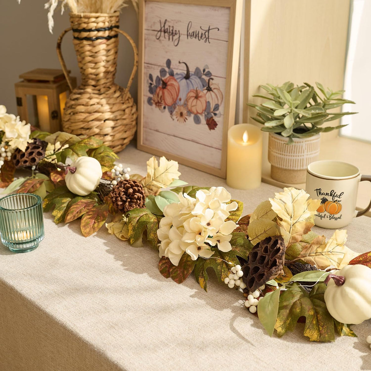 DecorbyHannah 6ft Fall Garland for Mantle with Lights &Pumpkin Maple Leaves | Pre-Lit Harvest Autumn Thanksgiving Pinecone Lotus Lighted Garland Fall Decorations for Home Front Door Table Porch Outdoor