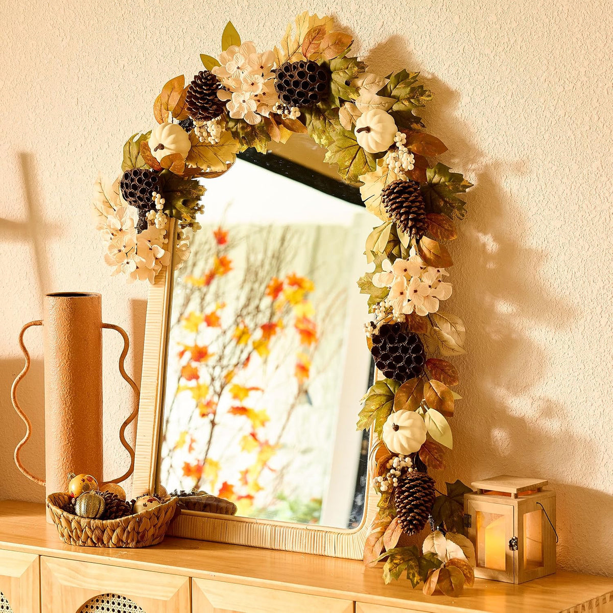 DecorbyHannah 6ft Fall Garland for Mantle with Lights &Pumpkin Maple Leaves | Pre-Lit Harvest Autumn Thanksgiving Pinecone Lotus Lighted Garland Fall Decorations for Home Front Door Table Porch Outdoor